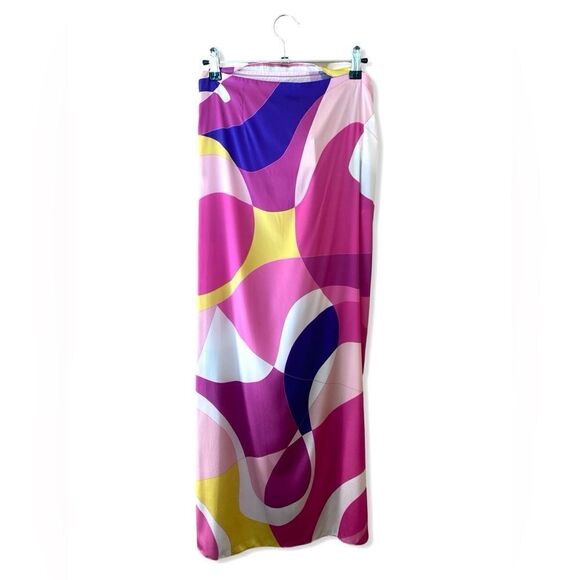 Retrofete Gav Silk Skirt bright print high slit geometric midi wrap Revolve S - Picture 8 of 14